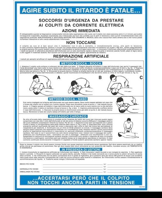 Cartello 'soccorsi d'urgenza da prestare ai colpiti da corrente elettrica'