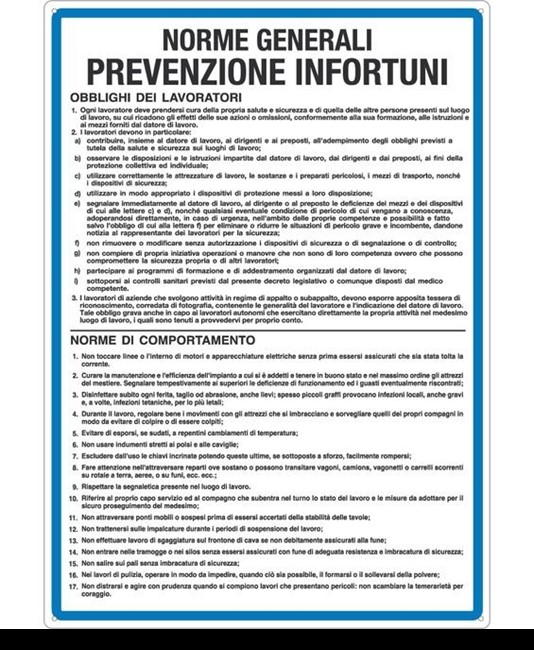 Cartello 'norme generali prevenzione infortuni'
