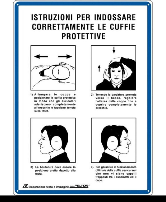 Cartello 'istruzioni per indossare correttamente le cuffie protettive'