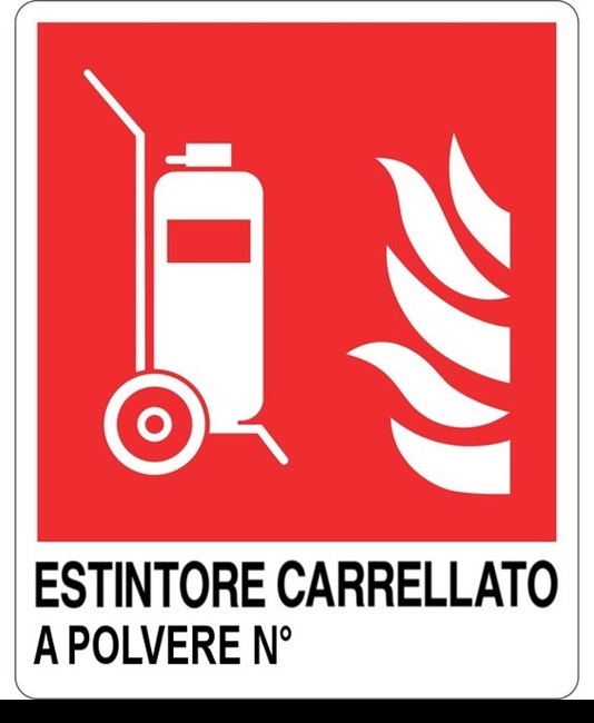 Cartello antincendio con scritta 'estintore carrellato a polvere N°'