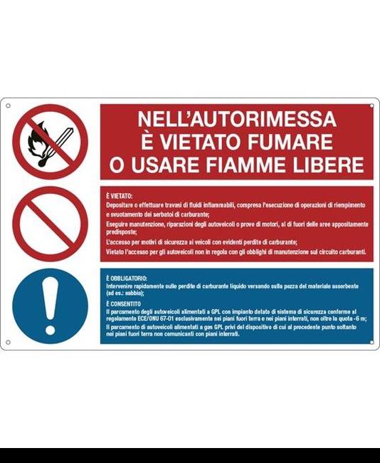 Cartello in alluminio multisimbolo 'vietato fumare o usare fiamme libere'