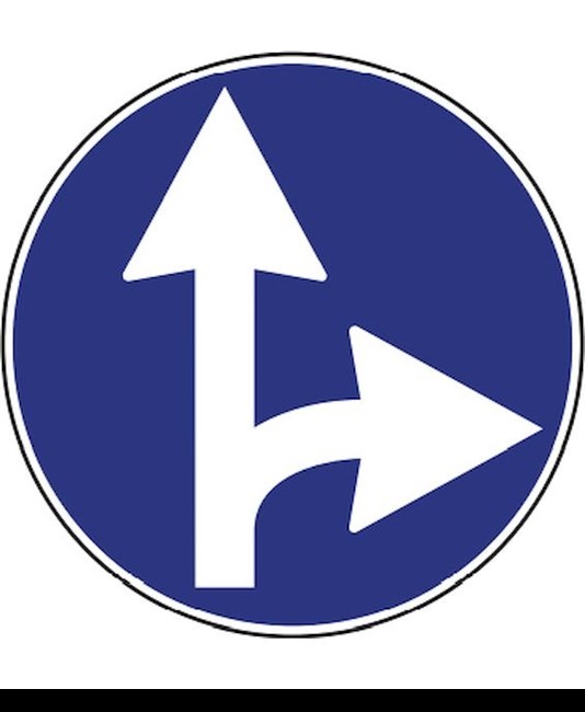 Cartello "direzione obbligatoria dritto e destra"diam. cm. 60.