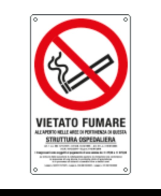 Cartello di divieto 'vietato fumare all'aperto delle aree di pertinenza di questa struttura ospedaliera'