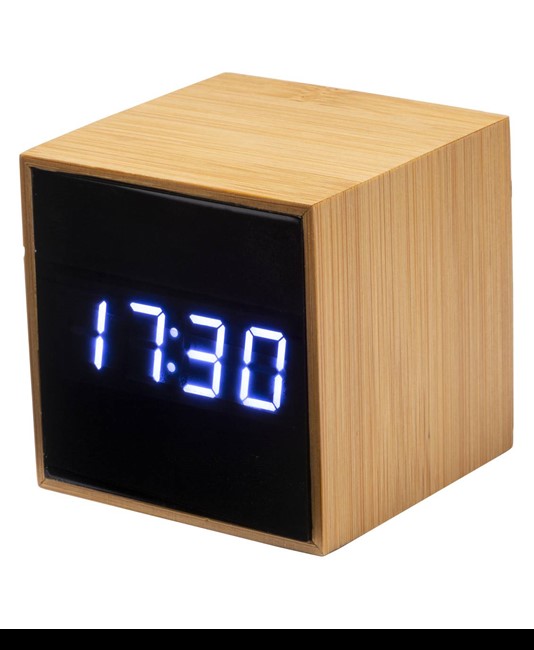 Orologio sveglia e display temperatura a LED bianco, in bambù