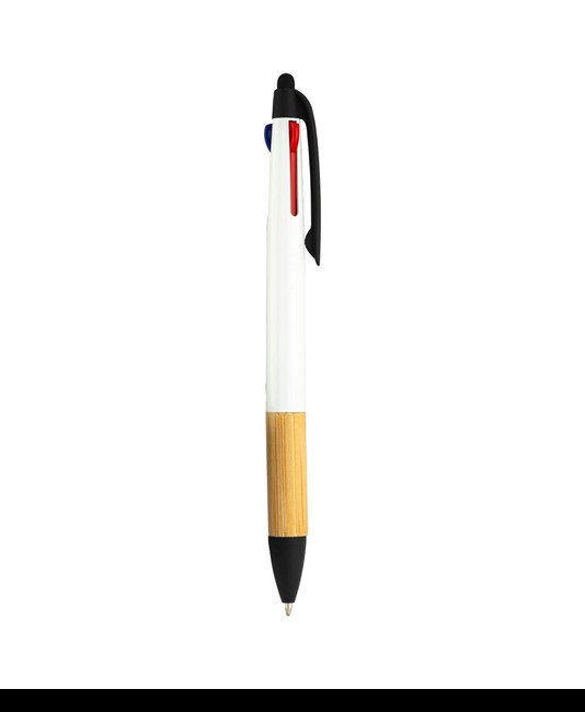 Penna a scatto in plastica con 3 refill, con gommino per touch screen, impugnatura in bamb
