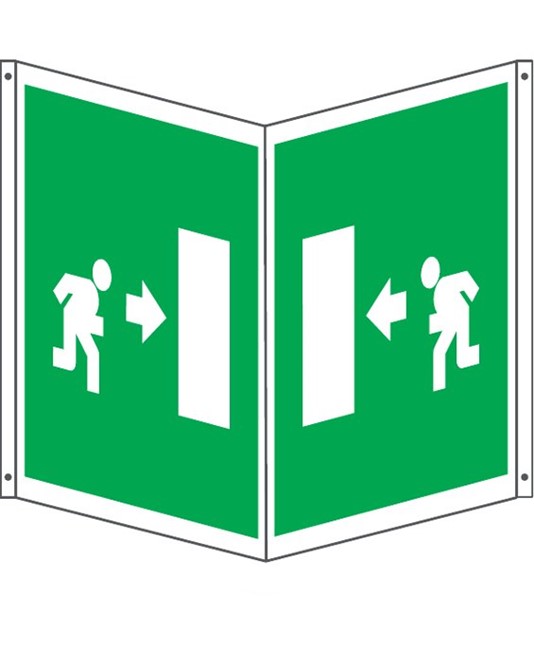 Cartello bifacciale con simbolo 'uscita di emergenza a destra'