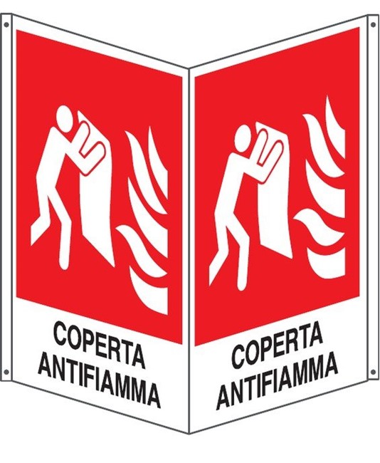 Cartello bifacciale con simbolo 'coperta antifiamma'