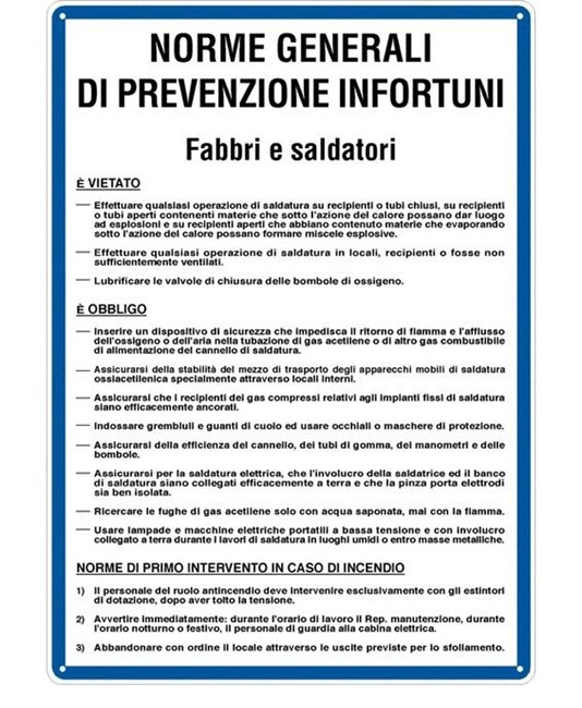 Cartello 'prevenzione infortuni fabbri e saldatori'