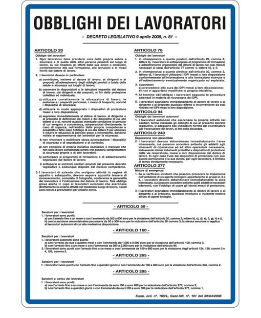 Cartello di norme 'obblighi dei lavoratori'