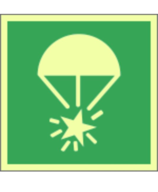 Cartello di sicurezza marittimo fotoluminescente con simbolo razzo paracadute